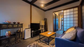 TV, fireplace, books