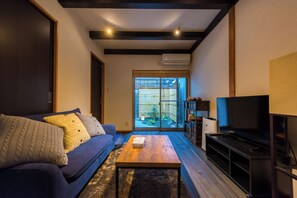 TV, fireplace, books