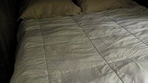 A bed with a white quilt and two pillows, set against a plain wall. - Quaint RV with AC can be picked up in Berrien Springs 29ft a slide out also. (Berrien Springs)
