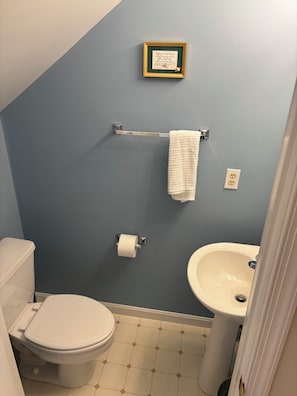Hair dryer, towels, soap, shampoo