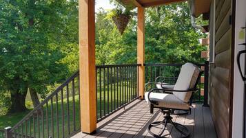 A wooden deck with a black railing, a hanging plant, and a white chair.