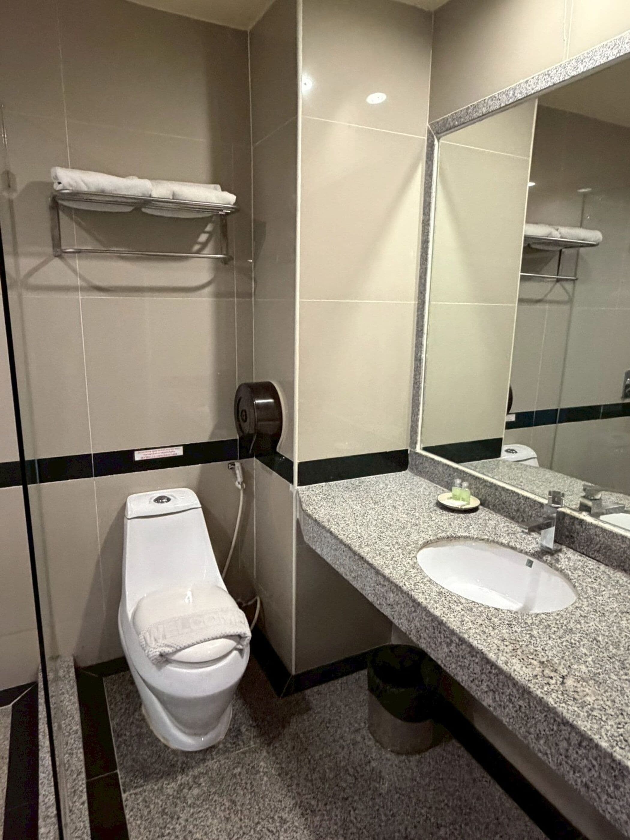 Une salle de bain comprenant des toilettes, un lavabo, un porte-serviettes et un miroir.
