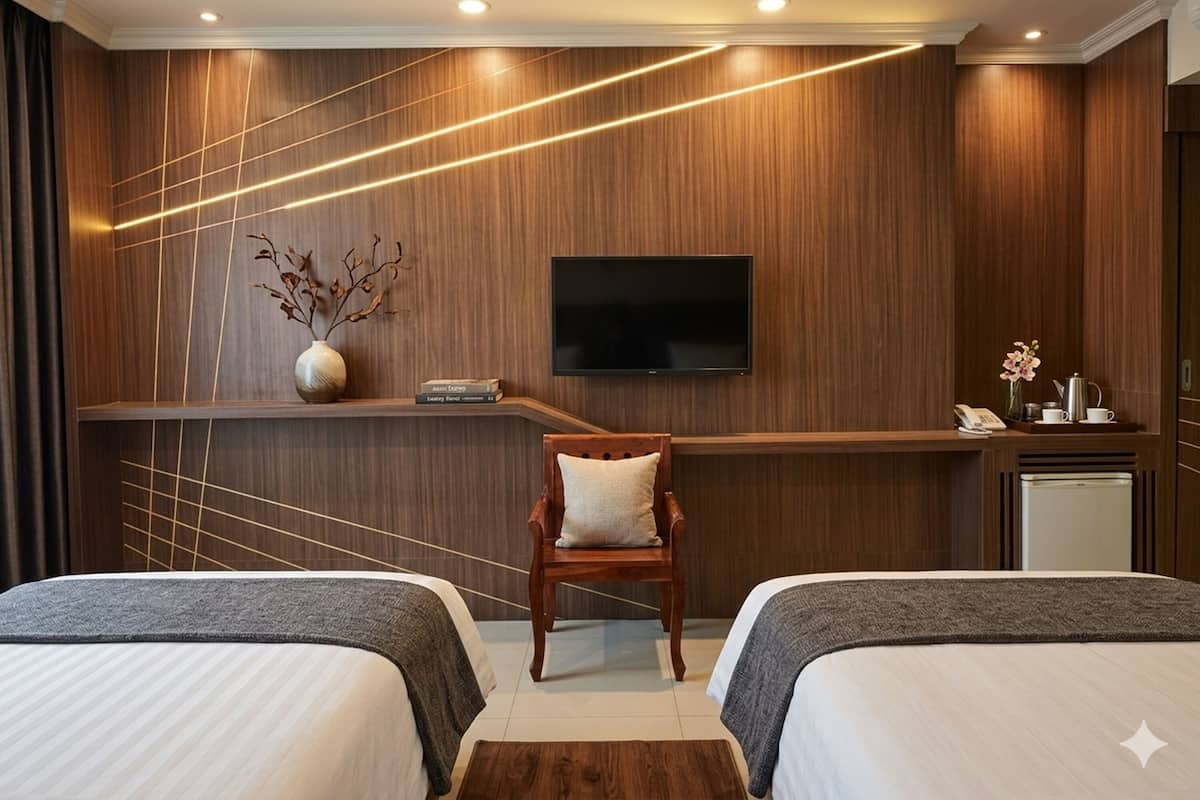 Une chambre d’hôtel avec deux lits, un téléviseur fixé au mur, un petit bureau avec un vase et des livres, et une chaise.