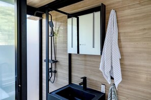 Hair dryer, towels, soap, toilet paper