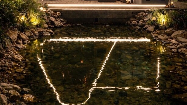 Ein modernes Haus mit einem Dreiecksdach, einem Pool und Sitzgelegenheiten im Freien.
