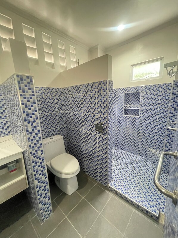 Un baño con paredes de mosaico azul y blanco, un inodoro blanco, una ducha con puerta de vidrio y una pequeña ventana sobre la ducha.