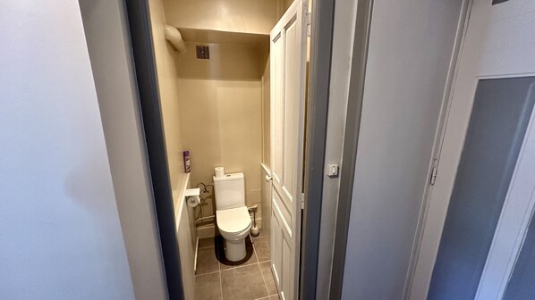 A narrow hallway leading to a bathroom with a toilet, a small shelf with a bottle, and a vent on the ceiling.