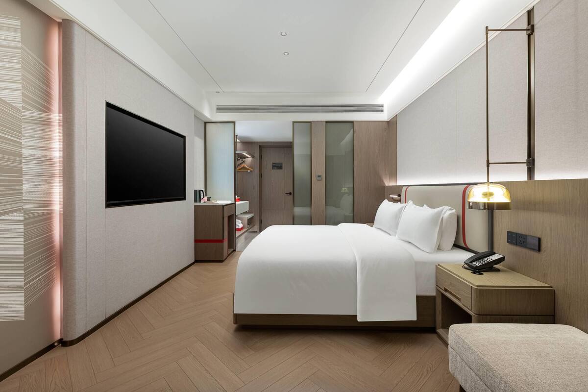 A modern hotel room with a large bed, bedside table with a lamp, a flat-screen TV mounted on the wall, and a wardrobe with a mirror.