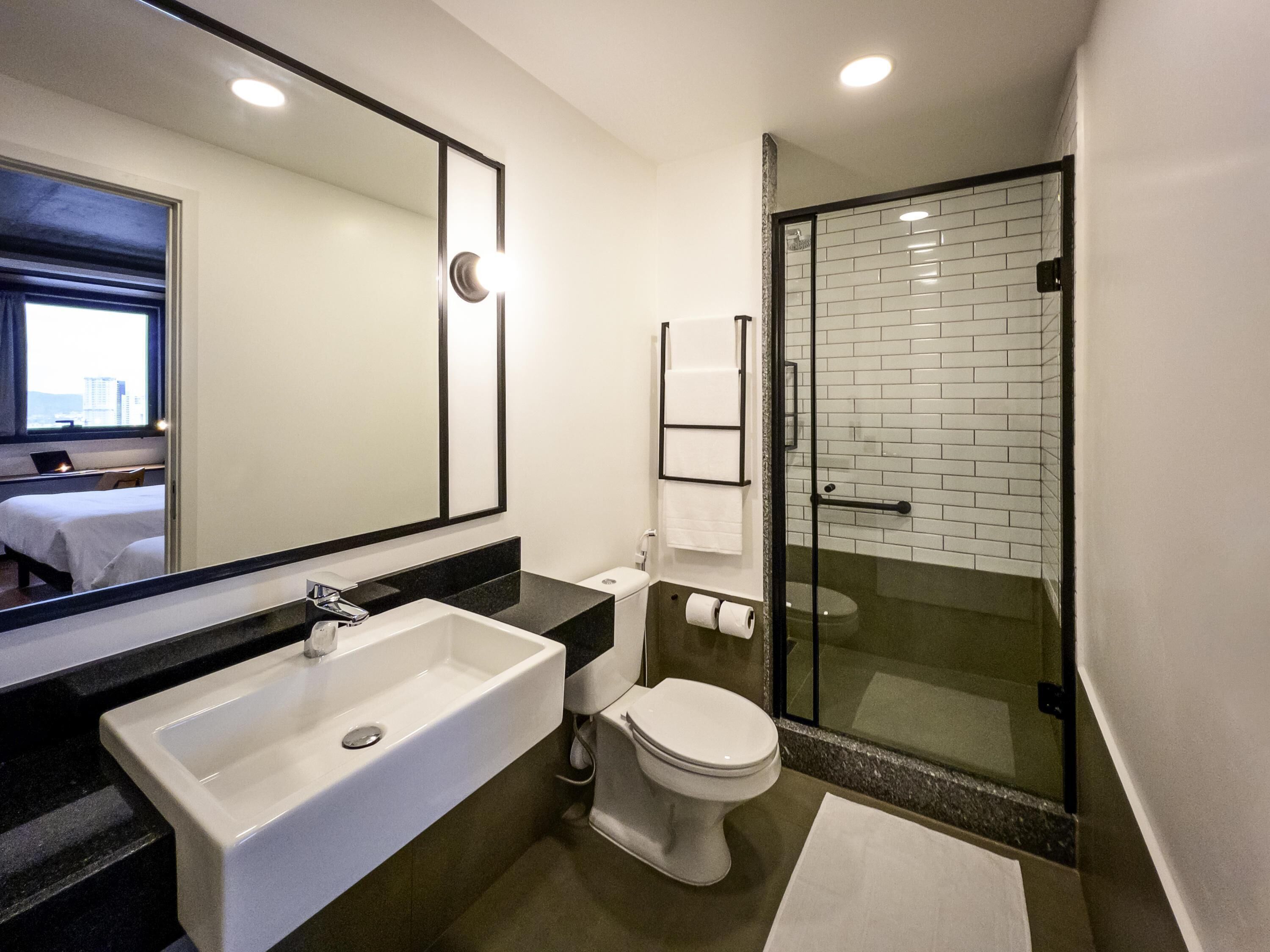 A modern bathroom with a large mirror, a white sink, a toilet, and a glass-enclosed shower.