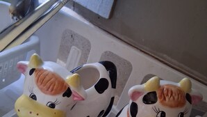 Dos saleros y pimenteros de cerámica con forma de vaca sobre una bandeja blanca.