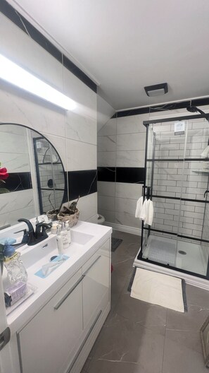 Shower, hair dryer, towels, soap