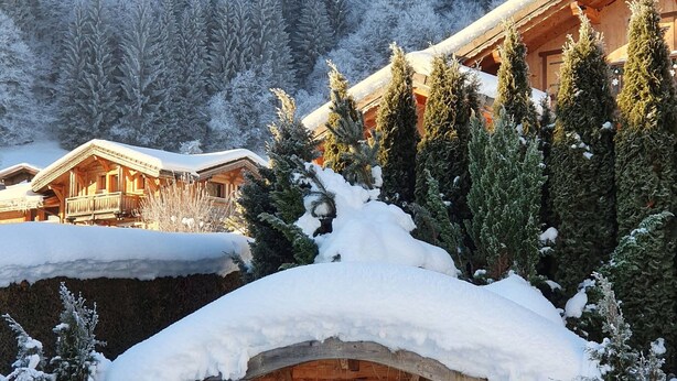 A wooden cabin with a snow-covered roof, surrounded by evergreen trees and a mountainous backdrop. - Chalet Clocher Sleeps 10 Hot tub (Essert-Romand)