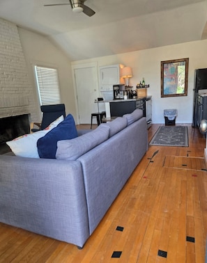 Smart TV, fireplace, books