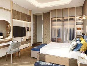 A modern bedroom with a large bed, a desk with a chair, a wardrobe, and a television. - Swissôtel Residences Corniche Park Towers (Doha)