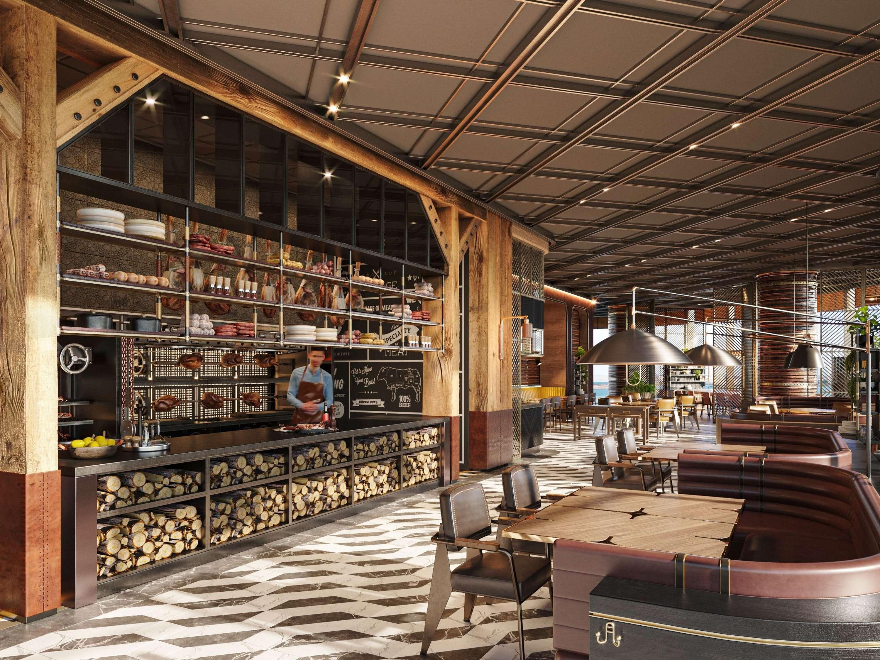 A restaurant with a bar area, seating, and a chef preparing food.