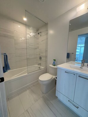 Hair dryer, towels, soap, toilet paper