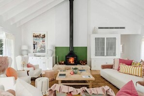 TV, fireplace, books, stereo