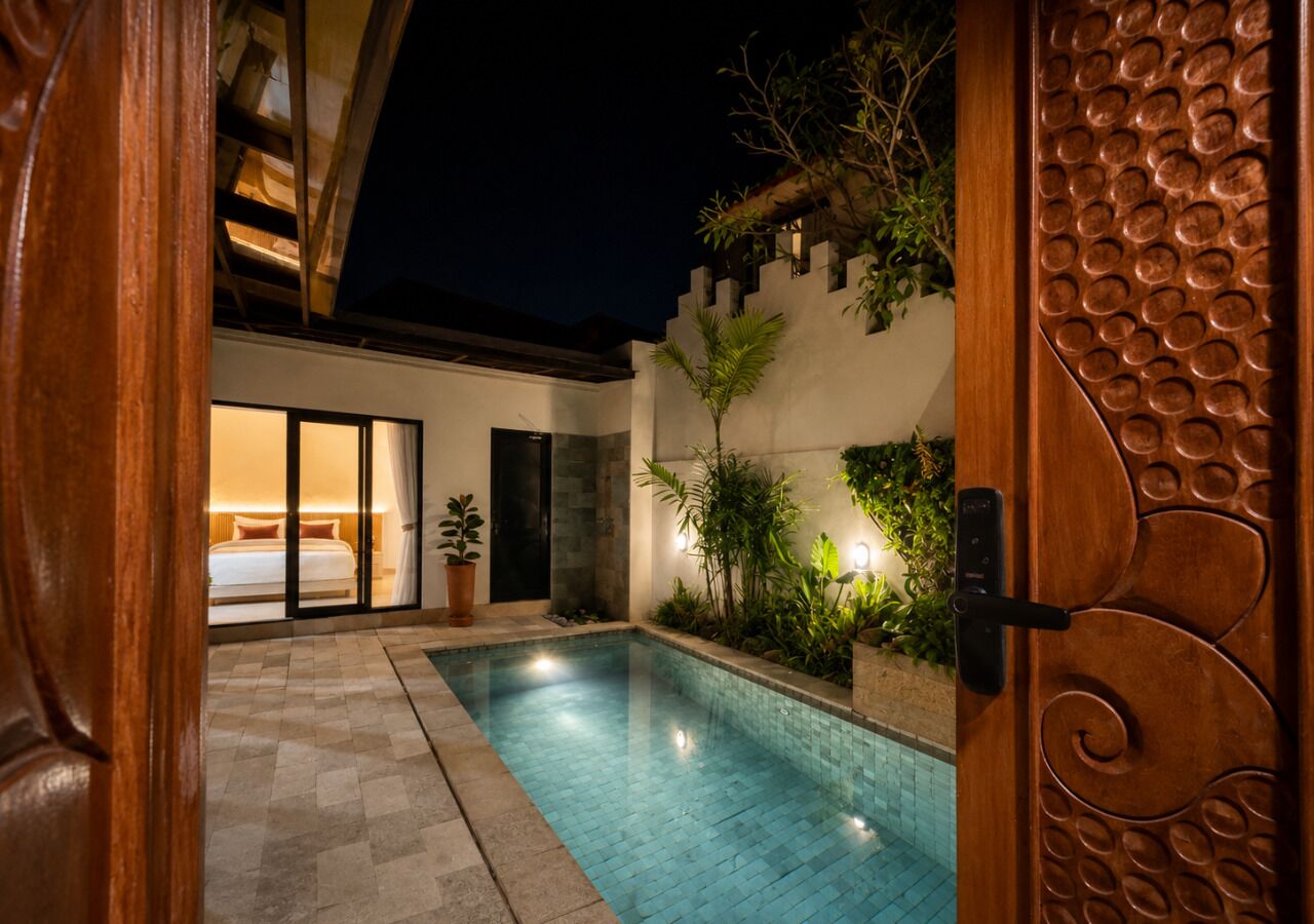 A swimming pool with a tiled deck, a bedroom with a bed and curtains, and a door with a decorative handle.