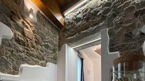 A room with exposed stone walls, wooden beams, and a large glass terrarium with plants. - EXORIA Luxury Rooms & Spa (Nuoro)