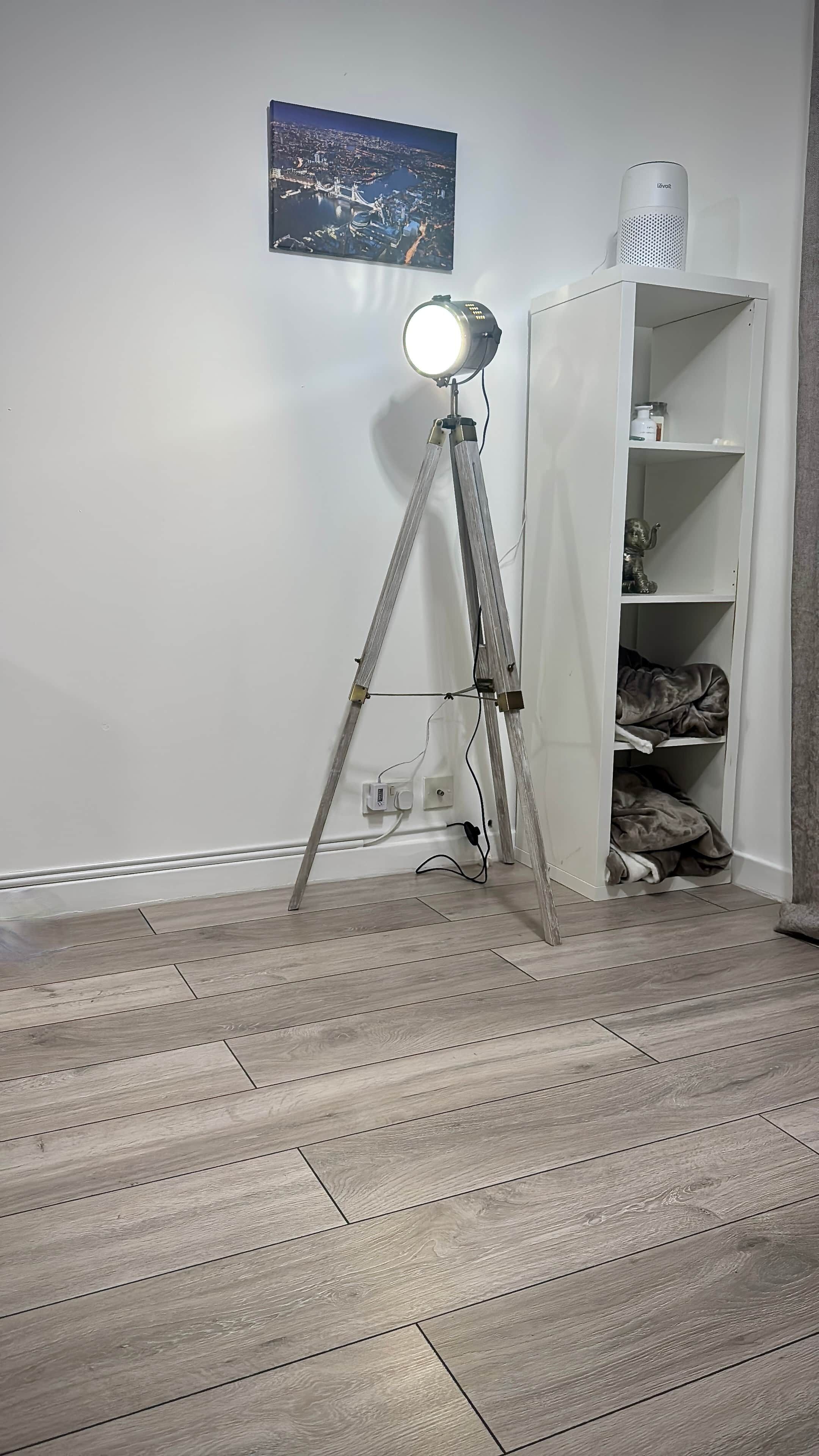A room with a tripod-mounted floor lamp, a white cabinet with shelves, and a cityscape painting on the wall.