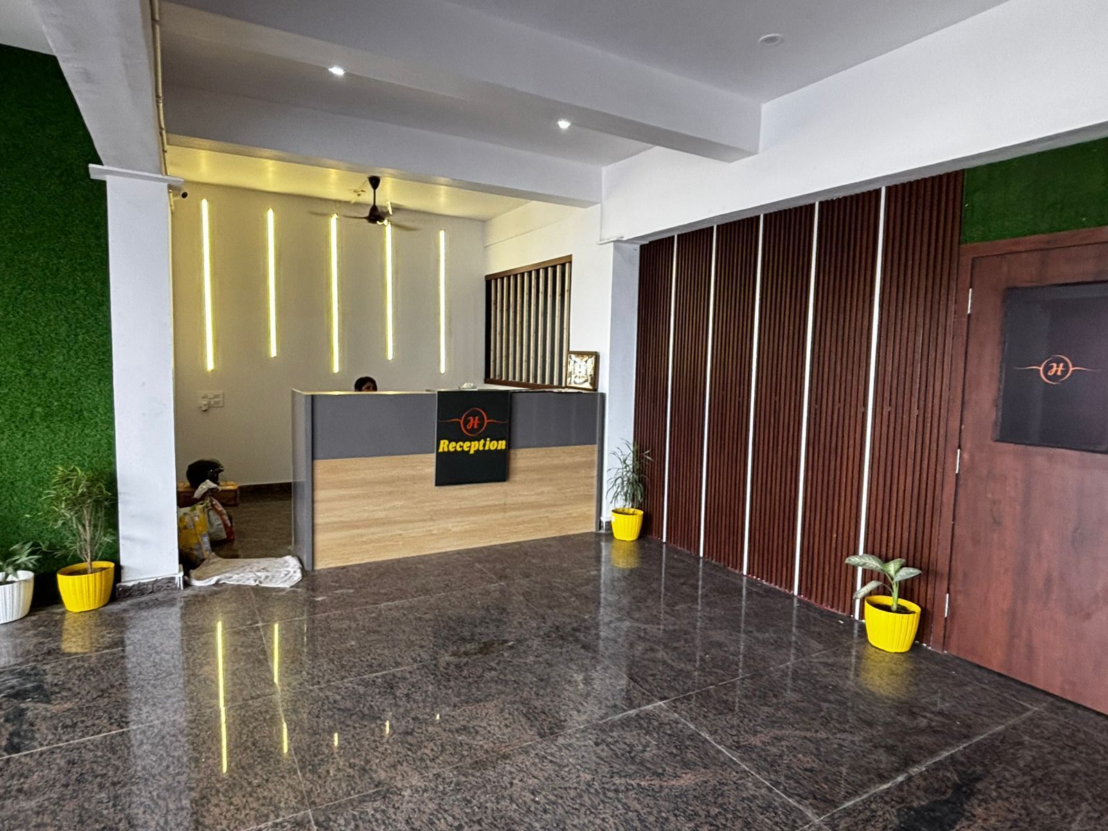 Zona de recepción con un mostrador de madera, una pared verde y plantas en macetas.