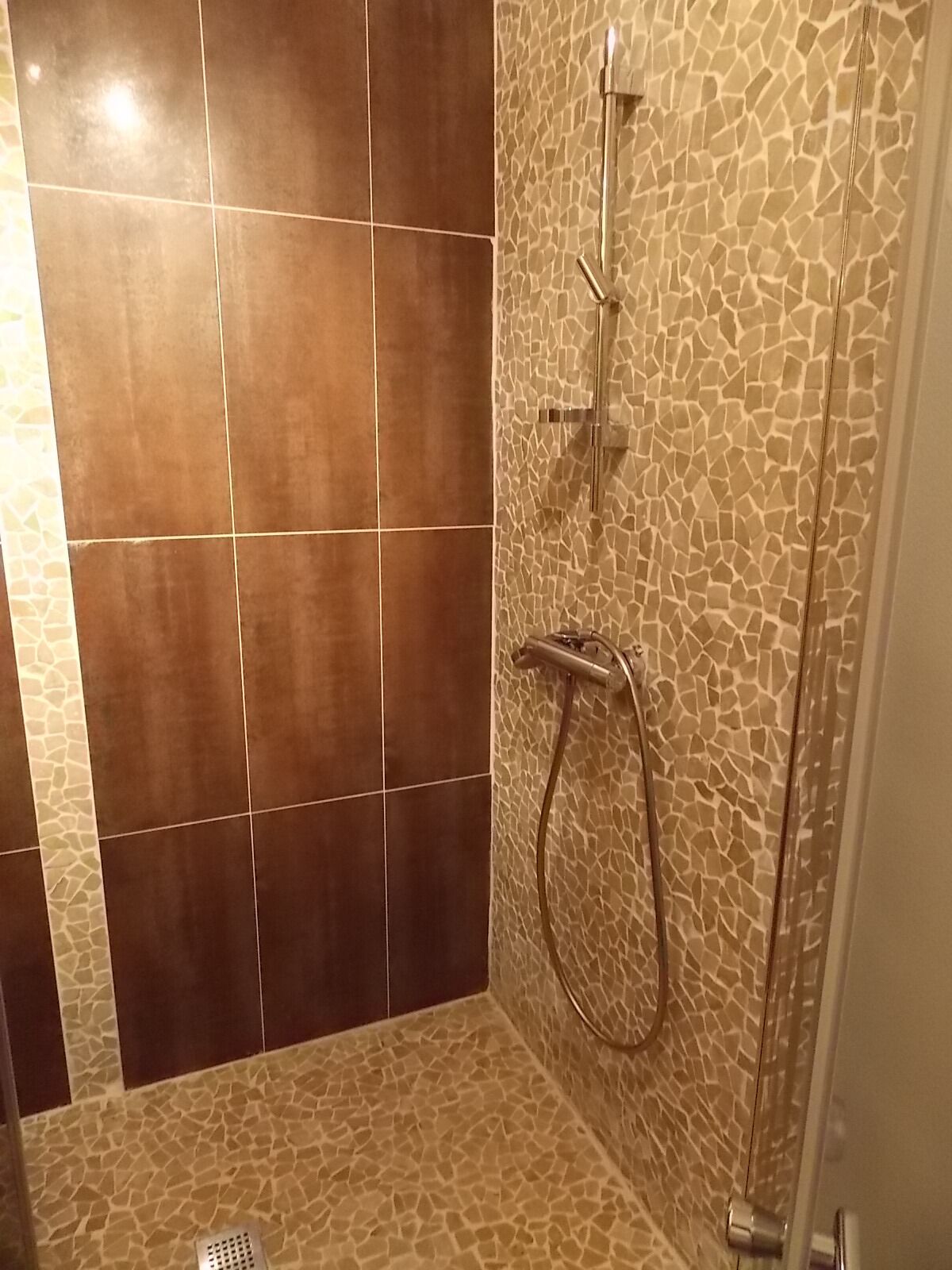 Ein Duschbereich mit Wand- und Bodenfliesen im Mosaikstil, einer Handbrause und einem an der Wand montierten Wasserhahn.