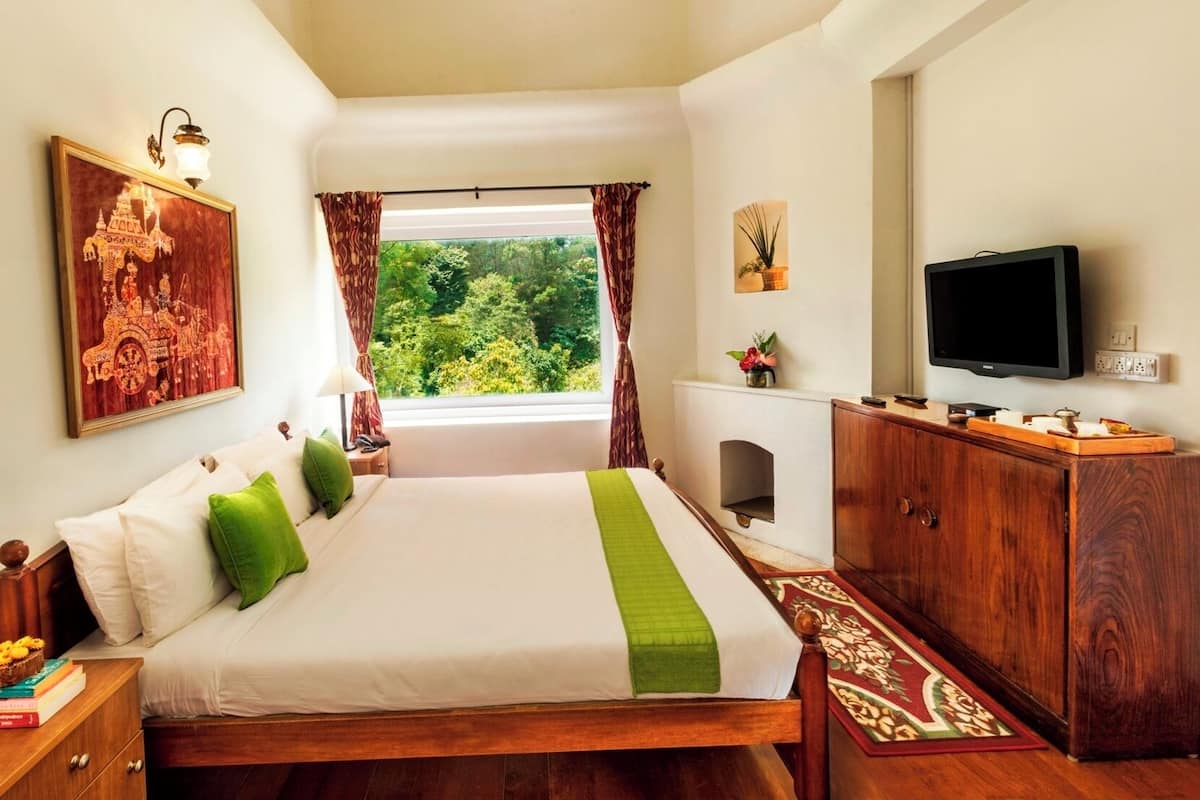 Une chambre d’hôtel avec un lit, une télévision, une armoire en bois, une fenêtre avec des rideaux et un tableau encadré au mur.