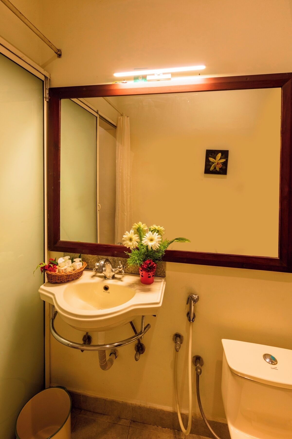 Un baño con lavabo, espejo e inodoro. Hay un cabezal de ducha y un pequeño arreglo floral sobre el lavabo.