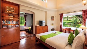 A hotel room with a wooden bed, a television, a bookshelf, and a window with a view of greenery.