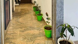 A hallway with a stone floor, green potted plants, a 'No Smoking' sign, and a door at the end. - Chandan Palace (Agra)