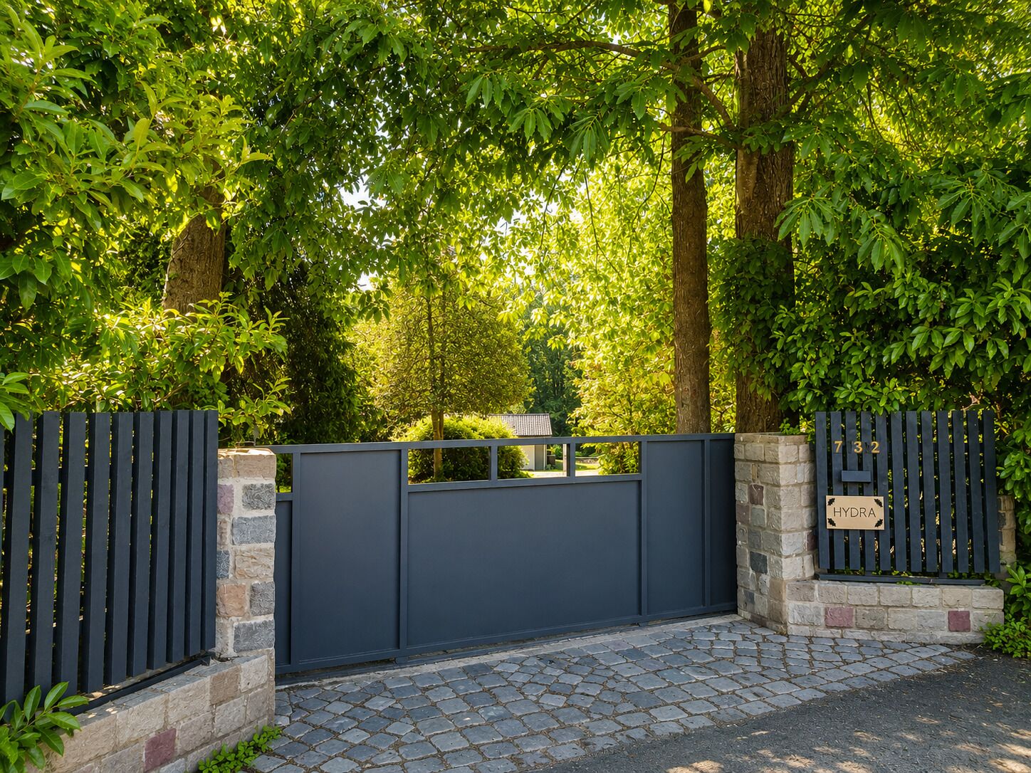 A gated entrance with a stone wall and a metal gate, surrounded by lush green trees.