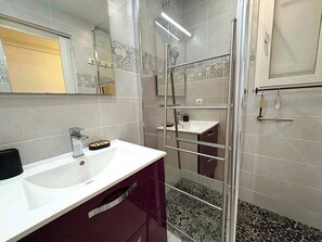 Shower, hair dryer, towels