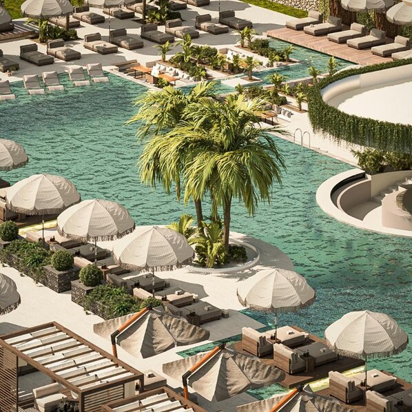 A resort with a central swimming pool, sun loungers, and palm trees.