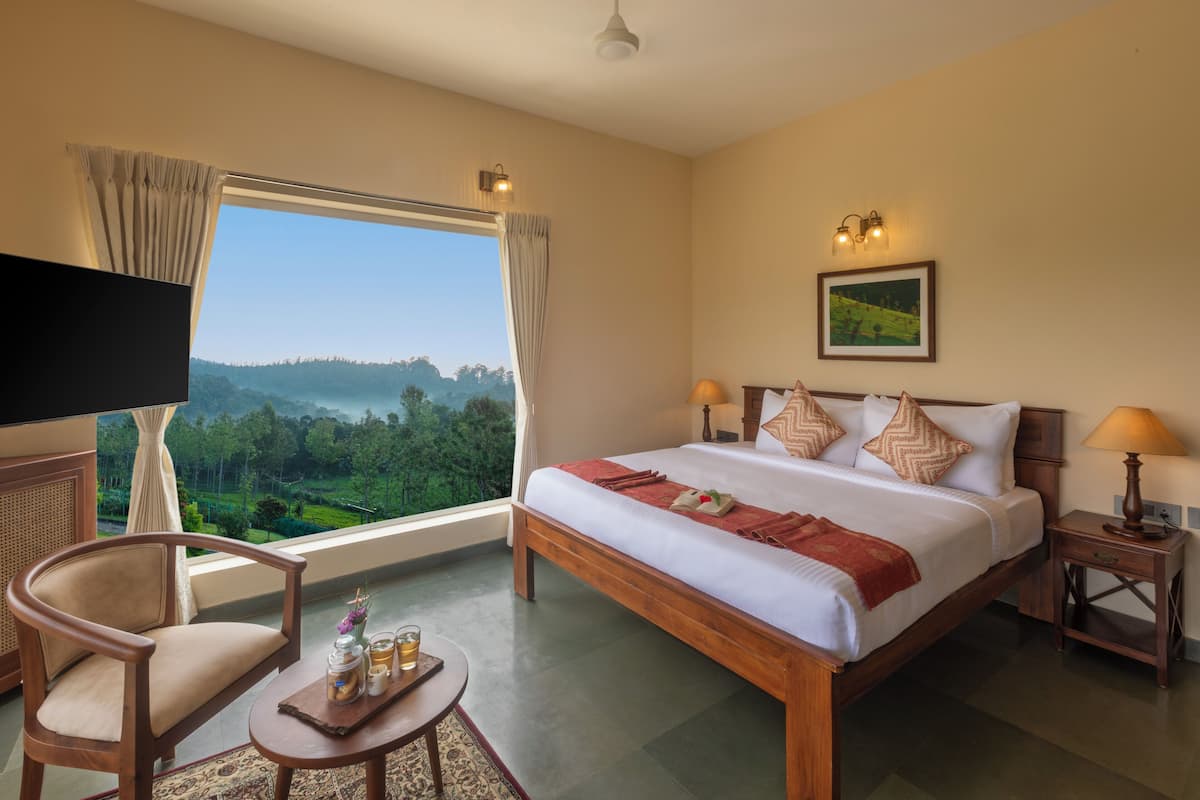 A bedroom with a large window, a bed with pillows, a bedside table with a lamp, a chair, and a TV.