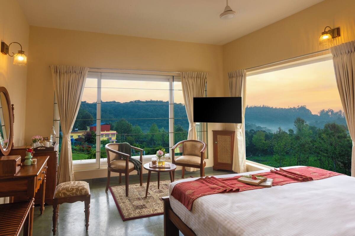 A hotel room with a large bed, a TV, a desk with a chair, and a view of the outdoors.