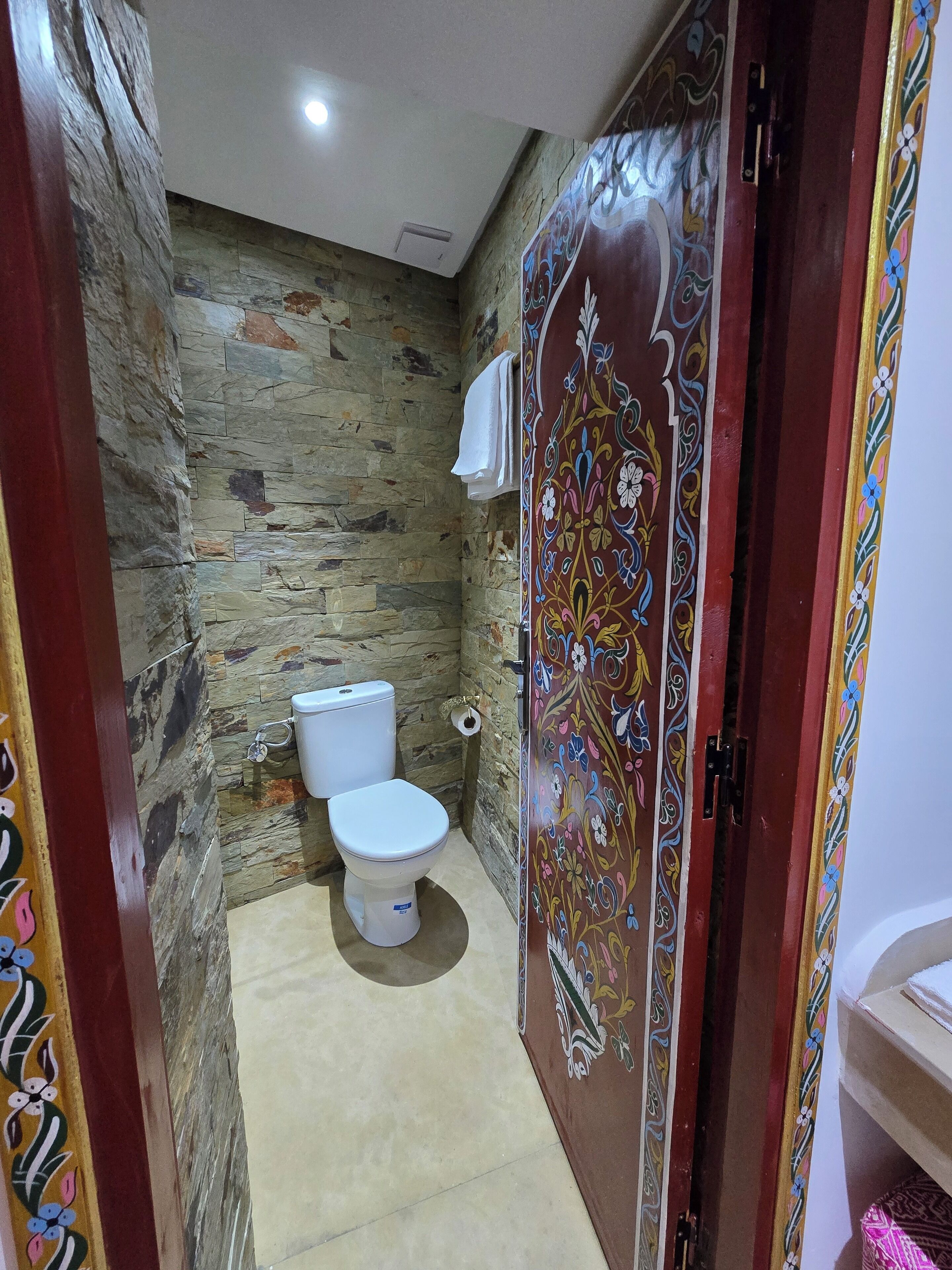 A bathroom with a stone wall, a white toilet, and a decorative door.