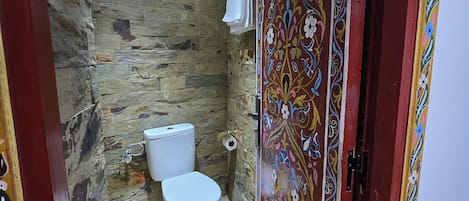 A bathroom with a stone wall, a white toilet, and a decorative door.