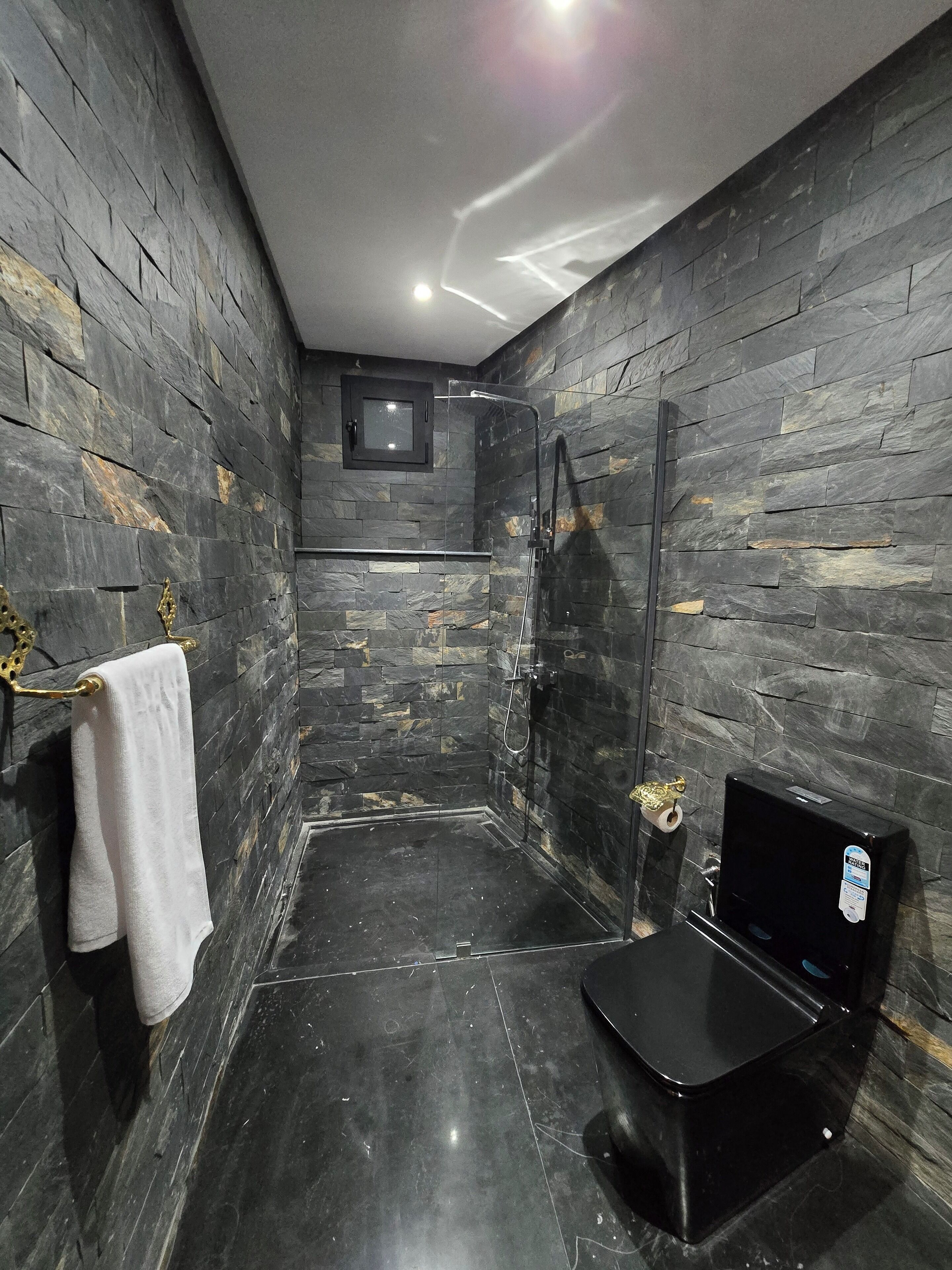 Et moderne badeværelse med stenvæg, glasvæg omkring bruseniche og et sort toilet.