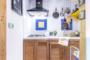 Kühlschrank, Mikrowelle, Herdplatte, Wasserkocher mit Kaffee-/Teezubehör