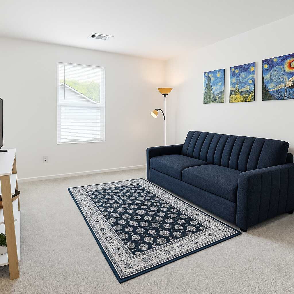 A living room with a dark blue sofa, a patterned rug, a floor lamp, and three paintings on the wall.