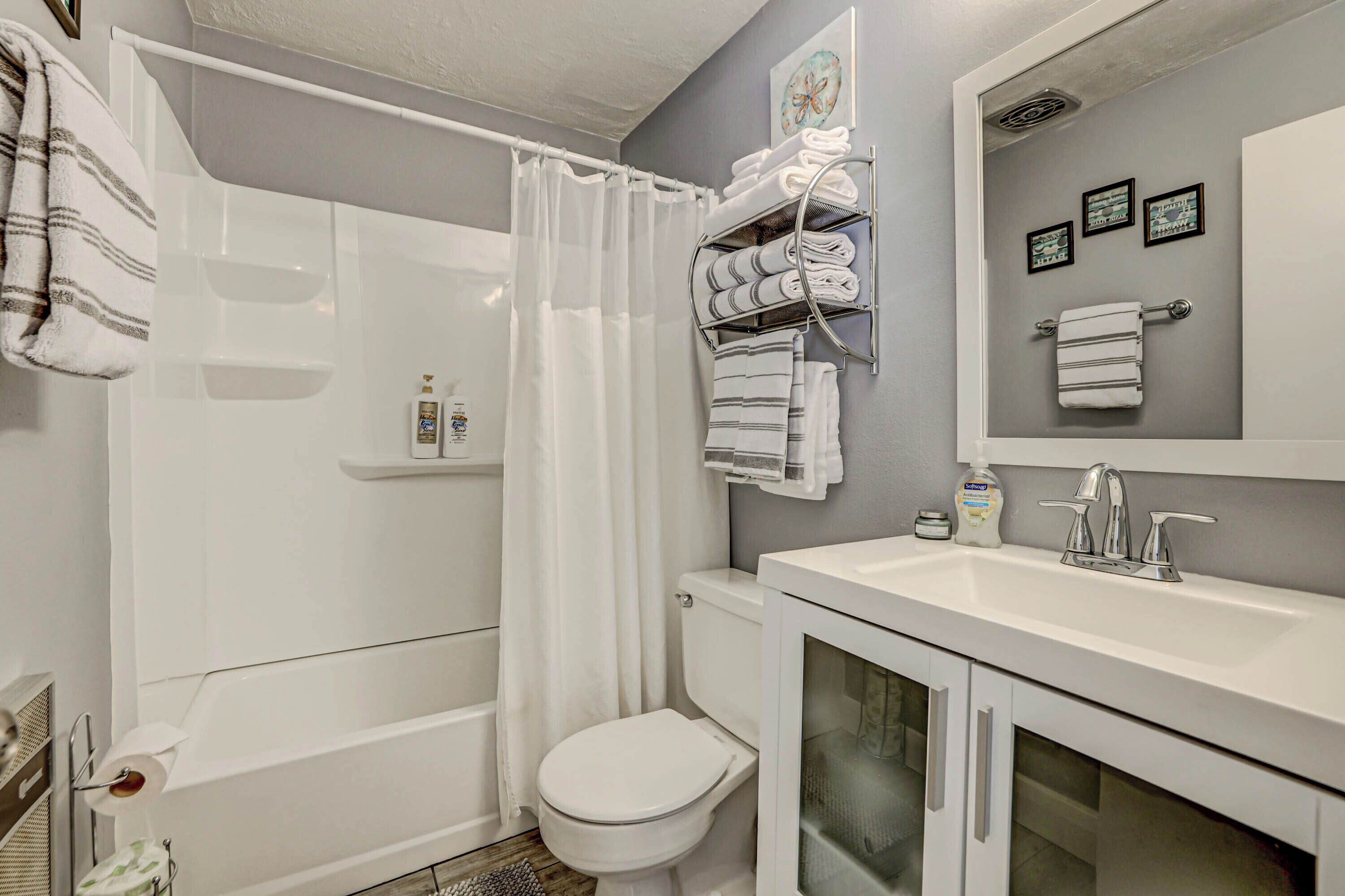 Hair dryer, towels, soap, toilet paper
