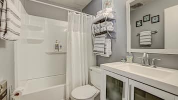 Hair dryer, towels, soap, toilet paper