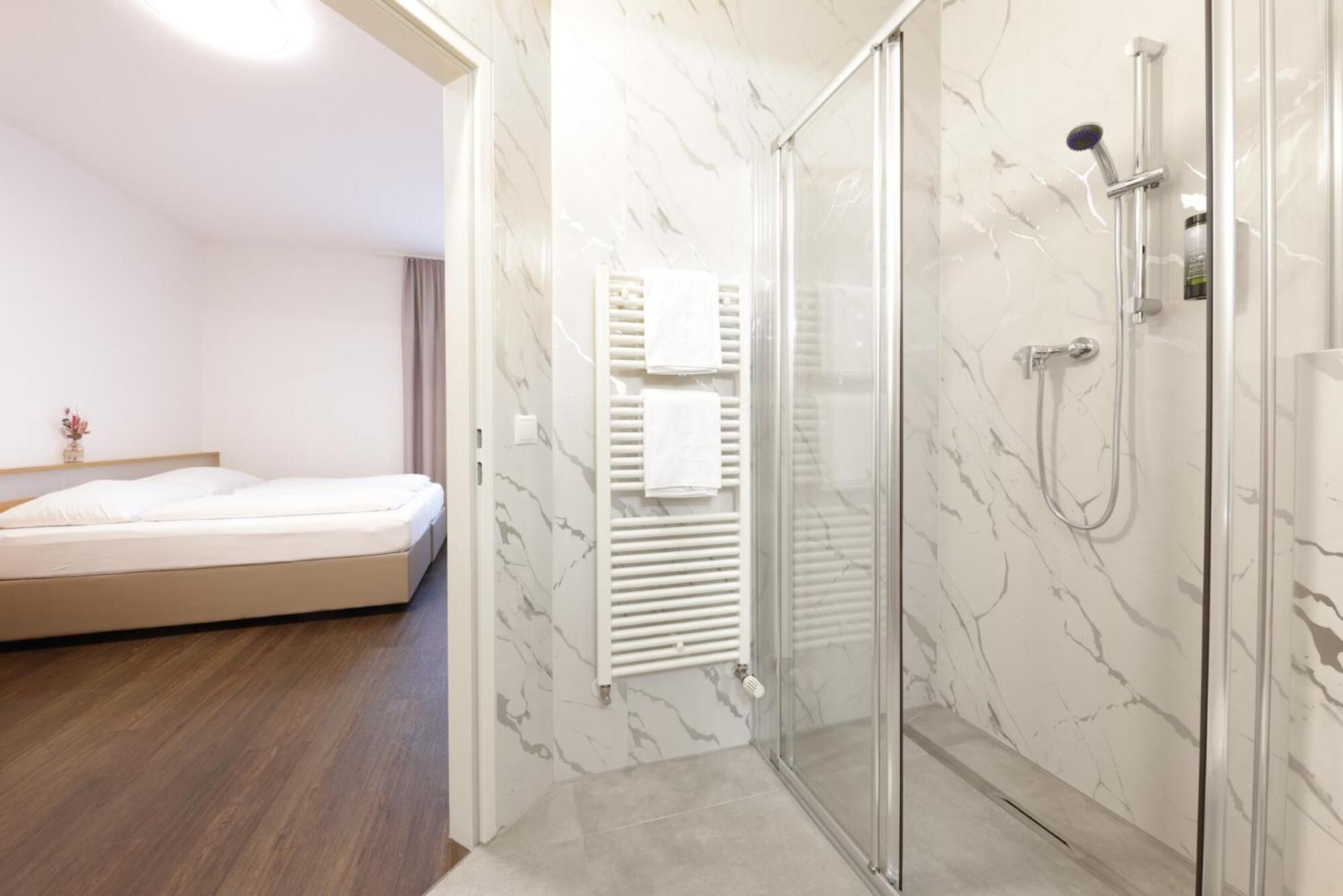 Hair dryer, towels, soap, shampoo