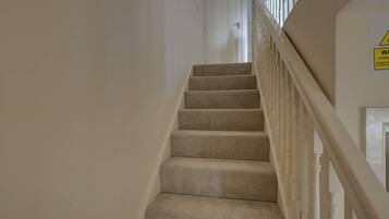 Un escalier recouvert de moquette, avec des rampes blanches et une porte en haut.
