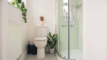 Shower, hair dryer, towels, shampoo