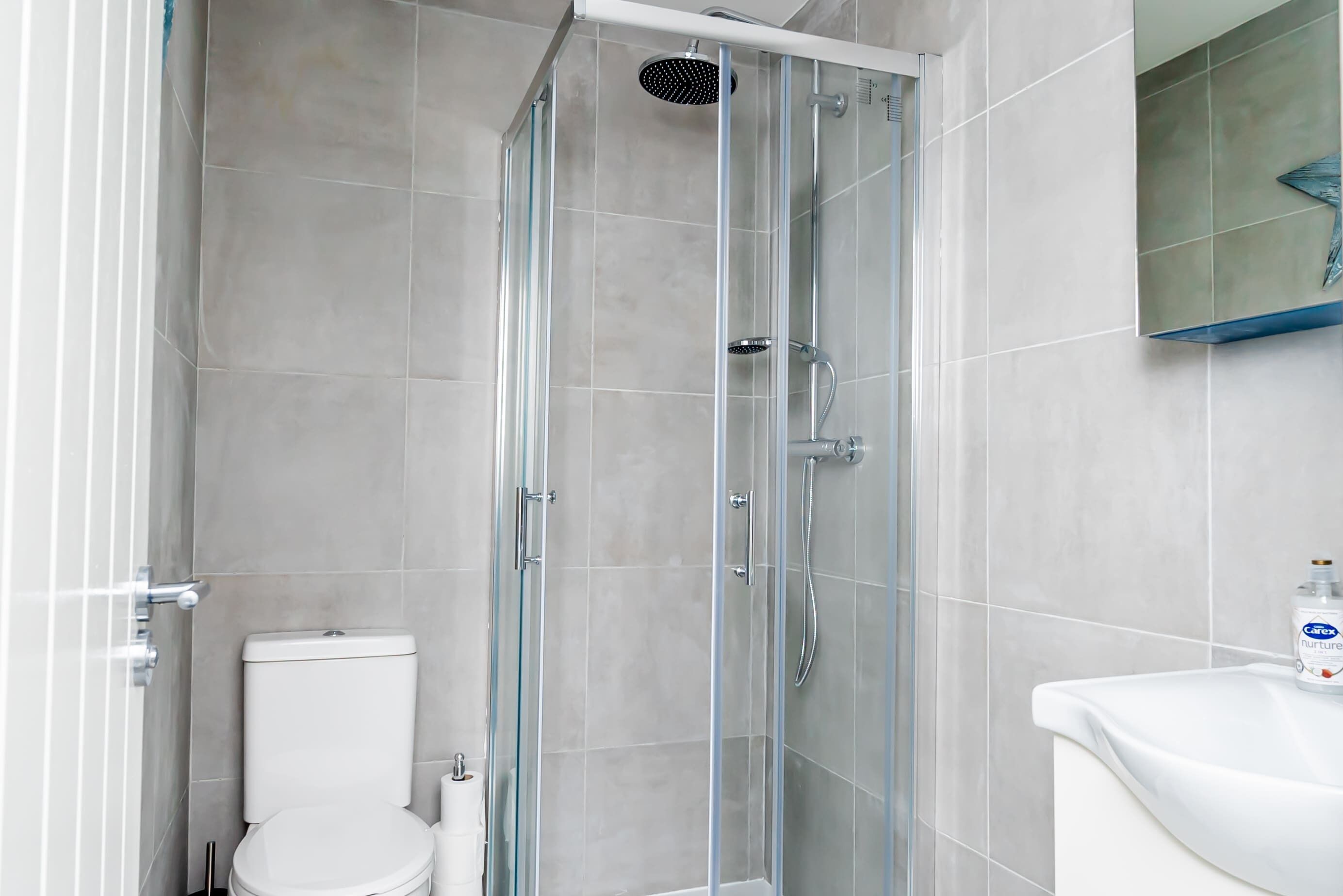 Shower, hair dryer, towels