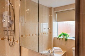 Shower, hair dryer, towels