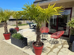A patio area with potted plants, outdoor furniture, and a stone wall in the background.