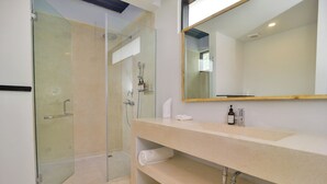A modern bathroom with a glass-enclosed shower, a large mirror, and a countertop with a bottle of hand soap. - VILLA SEGER LOMBOK (Kuta)