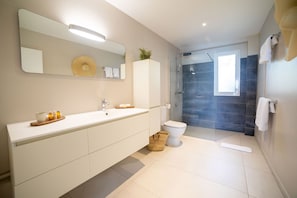 Shower, hair dryer, towels